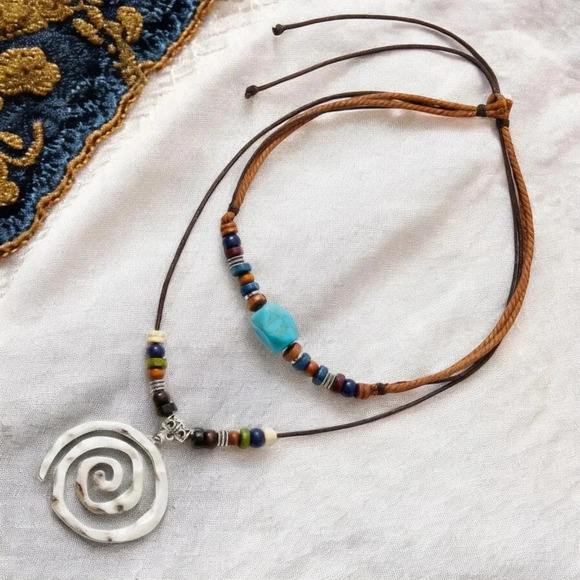 Boho Chic Adjustable Multilayer Beaded Necklace with Trendy Spiral Pendant - Picture 11 of 13